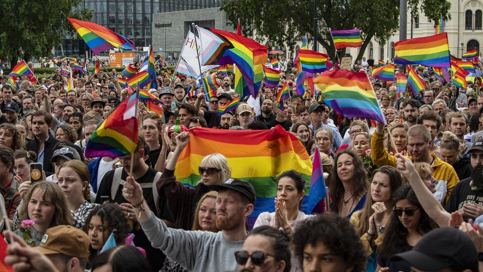 Pride protesters in Norway have defied police by holding an LGBT rally in Oslo days after a queer venue in the capital was the target of a deadly attack.