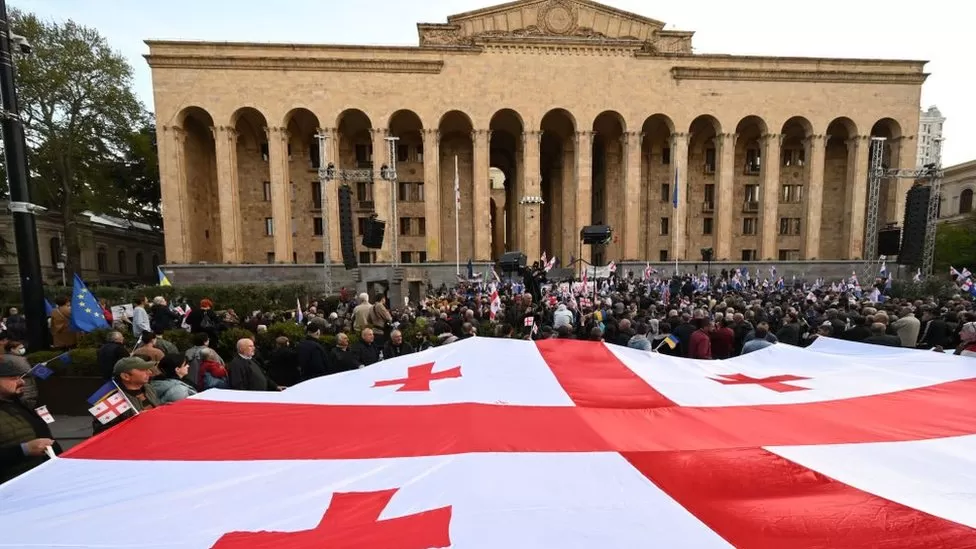 Thousands of protesters rallied outside the Georgian parliament on Sunday amid mounting opposition to the country’s government.