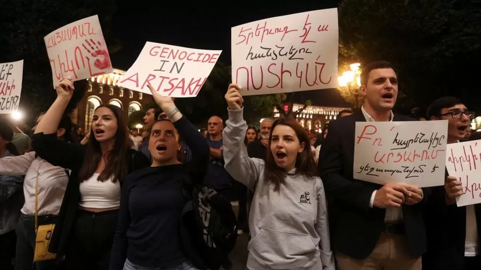 There were clashes between police and demonstrators in the Armenian capital of Yerevan on Wednesday, as thousands protested the government’s handling of the Nagorno-Karabakh crisis.